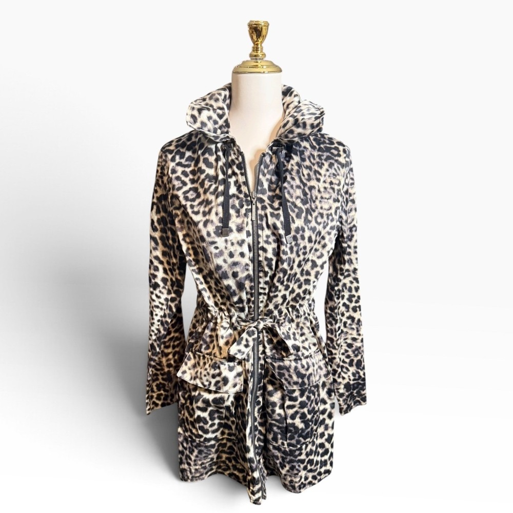 Dana Buchman Leopard Print Hooded Utility Jacket Tan Black Size M Rainjacket
